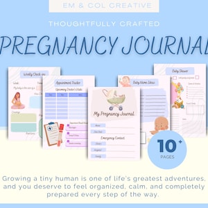 Puede incluir: Un conjunto de páginas de un diario de embarazo con varios diseños, que incluyen controles semanales, seguimiento de citas y planificación de baby shower. El diario presenta ilustraciones de una persona embarazada, un bebé y un cochecito. El texto dice "PREGNANCY JOURNAL" y "10+ PAGES".