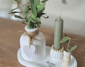Handmade decorative set with vase, eucalyptus & houses – modern Raysin decoration