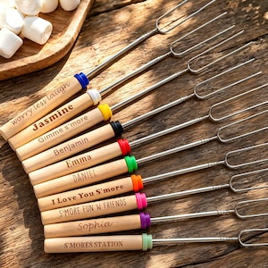 Palitos telescópicos personalizados para asar malvaviscos / Brochetas grabadas para s'mores en fogata, regalo personalizado para barbacoa y camping para la familia.