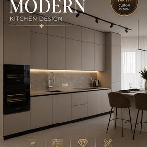 Design de cozinha minimalista moderna | Serviço de design de interiores personalizado | Cozinha de 18 m² | Visualização 3D fotorrealista
