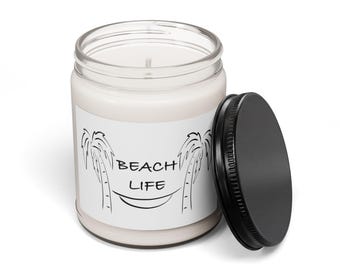 Candela profumata in cera di soia, 255 g, con contorno nero e motivo palme da spiaggia.