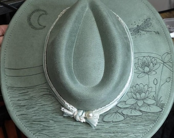 Stillwater Water Lily Hat | Hand Burned Wide Brim  | One of a Kind Western Hat