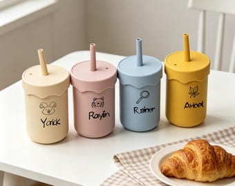 Tragbare Kleinkind Tasse, gravierte Name Silikon Schnabeltasse mit Strohhalm