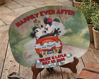 Gepersonaliseerde Disney-paarschotel, Mickey en Minnie Mouse plastic schotel, Happyly Ever After-schotel, cadeau voor stel, huwelijkscadeau