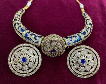 Collar Kundan Meena con pendientes, joyería de Bollywood, forma redonda, varios diseños.