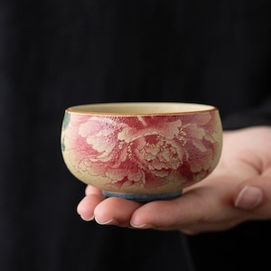 Hand-Painted Peony Ceramic Teacup, Matte Beige Tea Bowl Gold Accents Chinese Tea Lover Gift