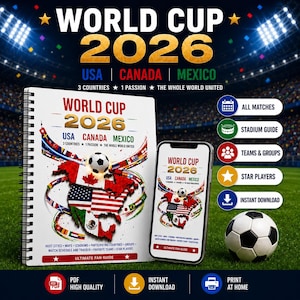 Puede incluir: Un cuaderno de espiral y un teléfono inteligente que muestran una guía de fans de la Copa Mundial 2026. La portada presenta un mapa de Norteamérica con las banderas de EE. UU., Canadá y México, un balón de fútbol y el texto 3 COUNTRIES 1 PASSION.