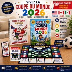 May include: A promotional image for the 2026 World Cup, featuring a notebook, a guide, a game board, and a soccer ball. The notebook and guide have the text "Coupe du Monde 2026". The game board has a soccer field design. The image also includes the flags of the United States, Canada, and Mexico.