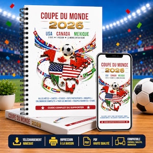 Puede incluir: Un cuaderno de espiral y un teléfono inteligente que muestran una guía de aficionados para la Copa del Mundo 2026. La portada presenta un balón de fútbol, un mapa de Norteamérica con las banderas de EE. UU., Canadá y México.