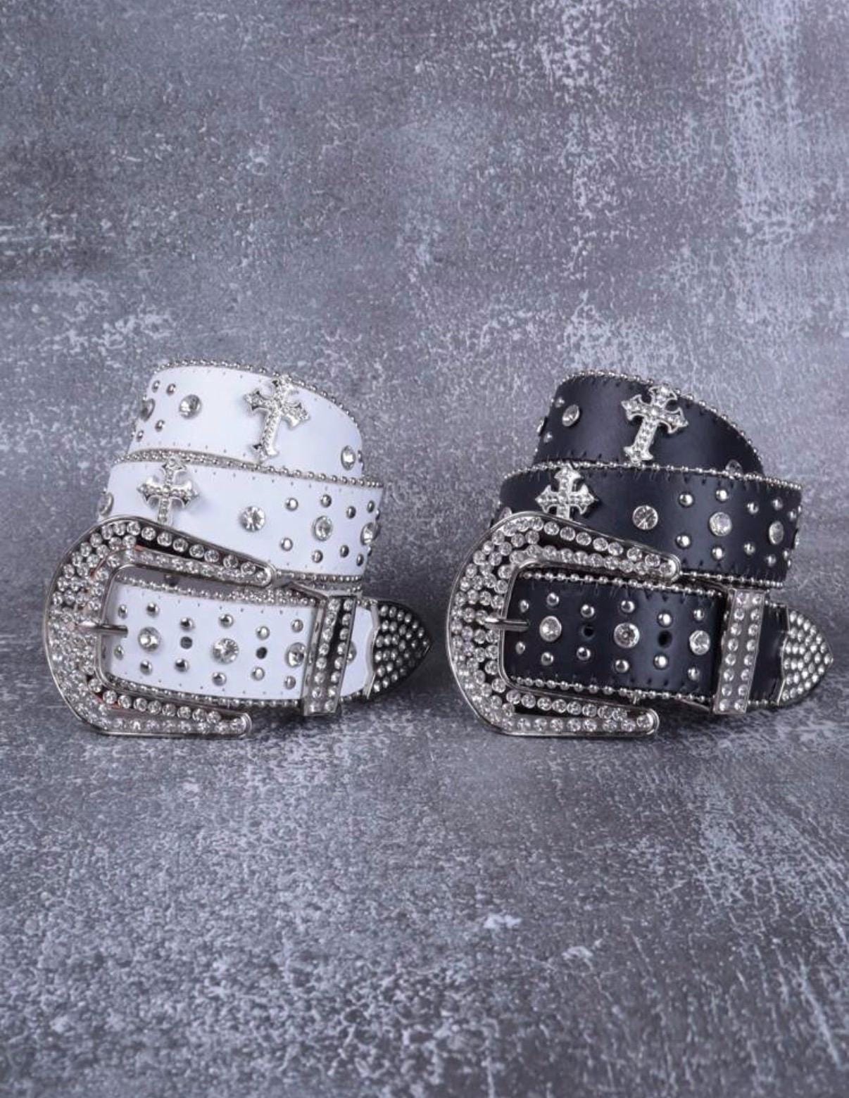 Y2K White Leather Rhinestone Studded Belt Western Bling Silver Buckle Cowgirl M Y2k Bling Belt - Etsy main image 3