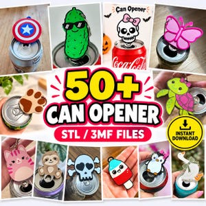 Puede incluir: Una colección de más de 50 archivos digitales STL y 3MF para abridores de latas impresos en 3D con varios diseños, incluyendo un escudo del Capitán América, un pepinillo, una calavera, una mariposa, una huella, una tortuga, un gato y un ganso.