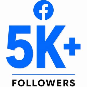 Può includere: Un design grafico che presenta il logo blu di Facebook sopra il grande testo blu 5K+. Sotto, una sottile linea orizzontale blu separa la grafica principale dal testo nero FOLLOWERS, il tutto su uno sfondo bianco uniforme.