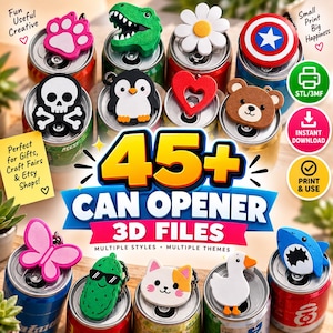 May include: A collection of 3D printable can opener attachments featuring various designs including a pink paw, green dinosaur, white daisy, captain shield, skull, penguin, red heart, bear, butterfly, pickle, cat, goose, and blue shark.