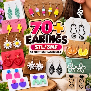 May include: A collection of various dangle earrings including shapes like lightning bolts, daisies, hearts, snowflakes, fruit slices, cats, and abstract geometric forms. The central text reads 70+ EARRINGS STL/3MF 3D PRINTING FILES BUNDLE.