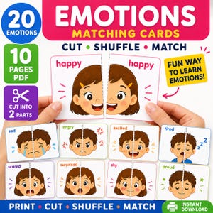 Op de afbeelding: Een set printbare emotie-matchingkaarten met 20 emoties op 10 pagina's. De kaarten tonen cartoongezichten met uitdrukkingen zoals blij, verdrietig, boos, opgewonden, moe, bang, verrast, verlegen en trots, ontworpen om in twee delen te worden gesneden.