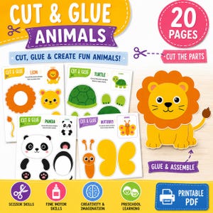 Könnte beinhalten: Ein druckbares PDF-Aktivitätsset mit dem Titel Cut & Glue Animals, das 20 Seiten mit Bastelvorlagen aus Papier enthält. Es umfasst ausschneidbare Teile für einen Löwen, eine Schildkröte, einen Panda und einen Schmetterling zum Zusammenkleben.