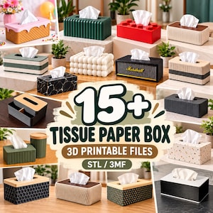 May include: A collection of 15+ tissue paper box designs featuring various textures, colors, and patterns including marble, ribbed, brick, and geometric styles. The image displays digital 3D printable files labeled 15+ TISSUE PAPER BOX 3D PRINTABLE FILES STL / 3MF.