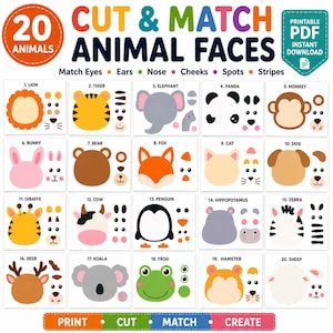 May include: A printable PDF activity sheet titled CUT & MATCH ANIMAL FACES featuring 20 distinct animal head outlines and corresponding facial features like eyes, ears, noses, and cheeks. The grid displays animals including a lion, tiger, elephant, panda, monkey, bunny, bear, fox, cat, dog, giraffe, cow, penguin, hippopotamus, zebra, deer, koala, frog, hamster, and sheep.
