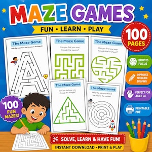 Può includere: Un libro di attività digitale intitolato MAZE GAMES contenente 100 pagine di labirinti stampabili. La copertina mostra cinque fogli di lavoro di esempio con forme e personaggi, un'illustrazione di un bambino che disegna e un bicchiere giallo con matite.