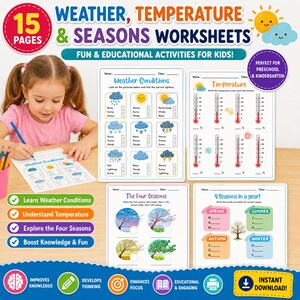 Può includere: Un set di 15 schede didattiche intitolate Weather, Temperature & Seasons Worksheets. Le pagine presentano attività sulle condizioni meteorologiche, letture della temperatura con termometri e le quattro stagioni con illustrazioni colorate e testo.