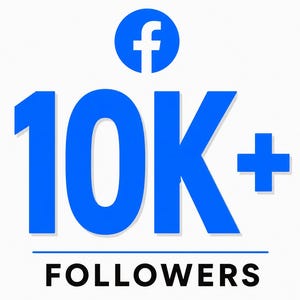 Può includere: Un design grafico che presenta l'icona blu del logo di Facebook posizionata sopra il grande testo blu 10K+ e la parola FOLLOWERS in lettere maiuscole nere, il tutto su uno sfondo bianco semplice per indicare un traguardo sui social media.