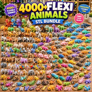 以下が含まれることがあります： 4000種類以上の関節が動く柔軟な動物フィギュアのデジタルコレクション。画像には「4000+ FLEXI ANIMALS STL BUNDLE」という大きな見出しと、「4000+ FLEXIBLE FRIENDS」および「ARTICULATED FLEXIBLE FUN」と書かれた小さなテキストバブルが表示されています。