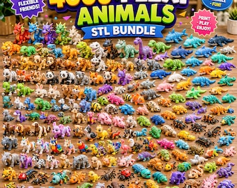 Könnte beinhalten: Eine digitale Sammlung von über 4000 beweglichen, flexiblen Tierfiguren in verschiedenen Farben und Arten. Das Bild zeigt eine große Überschrift mit dem Text 4000+ FLEXI ANIMALS STL BUNDLE sowie kleine Textblasen mit 4000+ FLEXIBLE FRIENDS und ARTICULATED FLEXIBLE FUN.