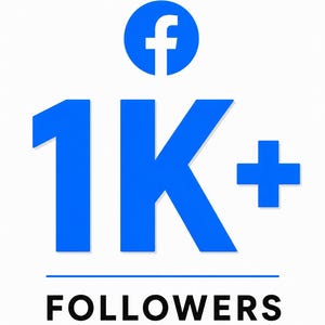 Puede incluir: Un diseño gráfico que presenta el icono azul del logotipo de Facebook colocado sobre el gran texto azul 1K+. Debajo, una fina línea horizontal azul separa la sección superior del texto negro FOLLOWERS centrado en la parte inferior.