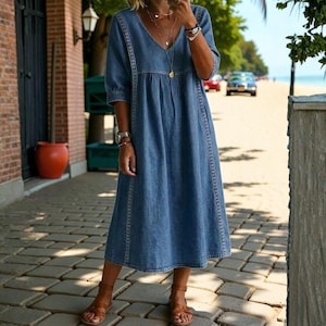 Cotton Linen V-Neck Maxi Dress | Flowy Boho Casual Wear, Loose Fit Summer Dress