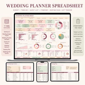 May include: A digital wedding planner spreadsheet displayed on a laptop, smartphone, and tablet screen. The interface features multiple tabs including a dashboard, budget tracker, timeline, guest list, itinerary, seating plan, and gift tracker.