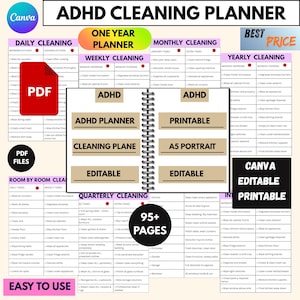 Peut inclure: Planificateur de nettoyage ADHD avec des tâches de nettoyage quotidiennes, hebdomadaires, mensuelles et annuelles. Le planificateur est modifiable et imprimable, avec plus de 95 pages. Comprend le nettoyage pièce par pièce et des tâches supplémentaires.