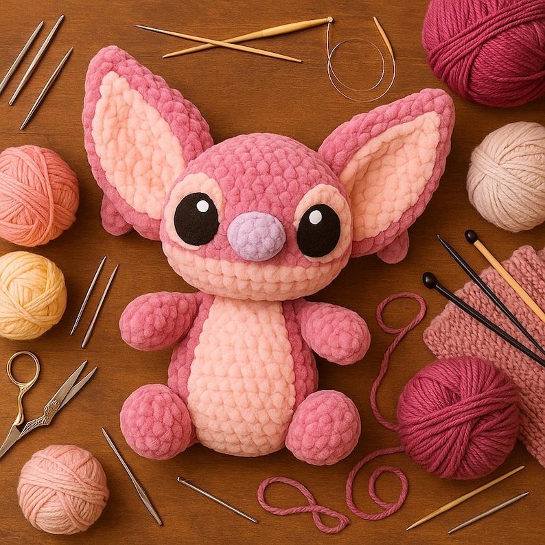 May include: A handmade pink and peach crochet plush toy with large ears, black eyes, and a lavender nose. The toy is surrounded by yarn balls, knitting needles, and other crafting supplies, suggesting a DIY project.