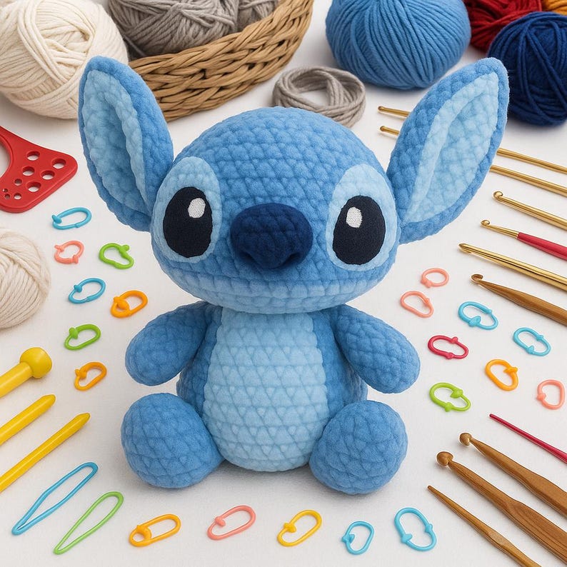 May include: A handmade blue crochet character with large black eyes and large ears. The character is surrounded by crochet supplies, including yarn, stitch markers, and crochet hooks. The character is approximately 8 inches tall.