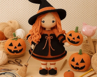 Crochet Witch Doll Pattern Halloween Amigurumi PDF Tutorial Cute Pumpkin Decor DIY Gift - Crochet Pattern (English Only)