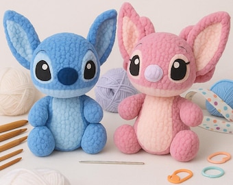 Stitch and Angel Amigurumi Crochet Pattern PDF, Cute Space Plush Doll Tutorial, Kawaii DIY Gift for Kids - Crochet Pattern (English Only)