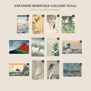 Ensemble de 12 estampes japonaises pour galerie murale | Estampes Ukiyo-e de Hiroshige Hokusai Koson | Décoration murale Japandi avec guide d'agencement | Téléchargement numérique