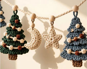 Christmas Crochet Garland Pattern PDF, Crochet Christmas Tree Bunting, Star and Moon Ornaments, Rustic Holiday Decor, DIY Xmas Decoration