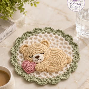 Crochet Teddy Bear Coaster Pattern, Sleeping Bear Mug Rug, Lace Tutorial (PDF)