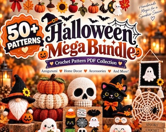 May include: A digital advertisement for a Halloween crochet pattern bundle featuring various amigurumi figures including pumpkins, a skull, a black cat, a ghost, and a gnome, alongside hanging spiral decorations and text reading 50+ Patterns Halloween Mega Bundle.