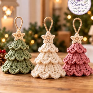 Peut inclure: Trois décorations de Noël en crochet faites à la main, de couleurs vert sauge, crème et vieux rose. Chaque sapin présente trois étages festonnés, une petite étoile crème avec une perle centrale et une boucle en jute pour suspendre.