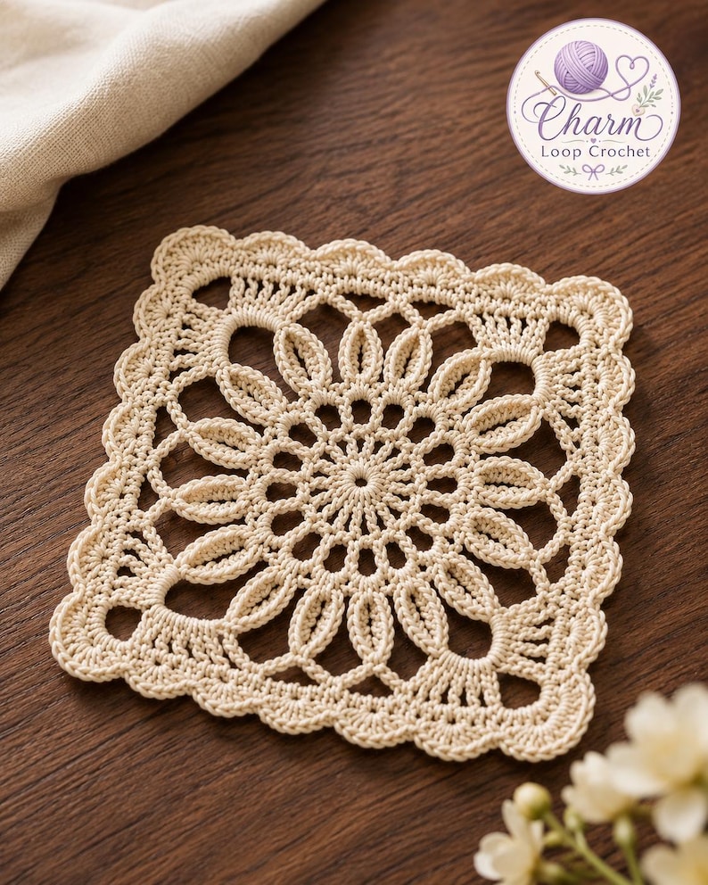 May include: A square cream-coloured crochet doily featuring an intricate floral-inspired openwork pattern with a scalloped edge. A circular logo in the top right corner displays a purple yarn ball and the text Charm Loop Crochet.