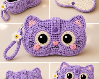 Crochet Cat Glasses Case Pattern, Lavender Eyeglass Pouch, Beginner Friendly PDF (Digital Download)