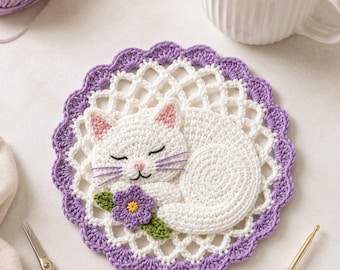 May include: A round crochet coaster featuring a white sleeping cat with pink inner ears and purple whiskers. The cat rests on a white lattice-patterned base with a scalloped purple border. A small purple flower with a yellow centre and green leaves is attached.