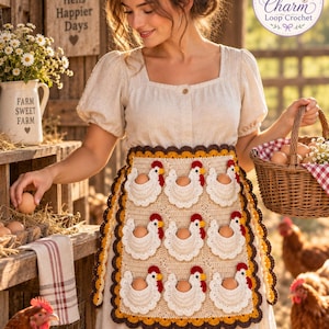 May include: A beige crochet apron featuring nine integrated pockets shaped like white chickens with red combs and yellow beaks. Each chicken pocket holds a single brown egg. The apron has a scalloped border in shades of brown and yellow.