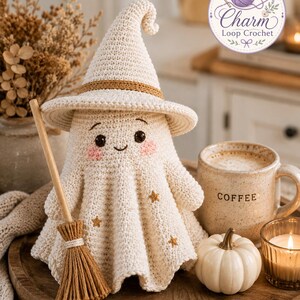 May include: A cream-colored crocheted ghost figurine wearing a pointed hat with a tan band, featuring embroidered pink cheeks, dark eyes, and small gold stars on its body. It holds a small brown broomstick next to a ceramic coffee mug and pumpkin.