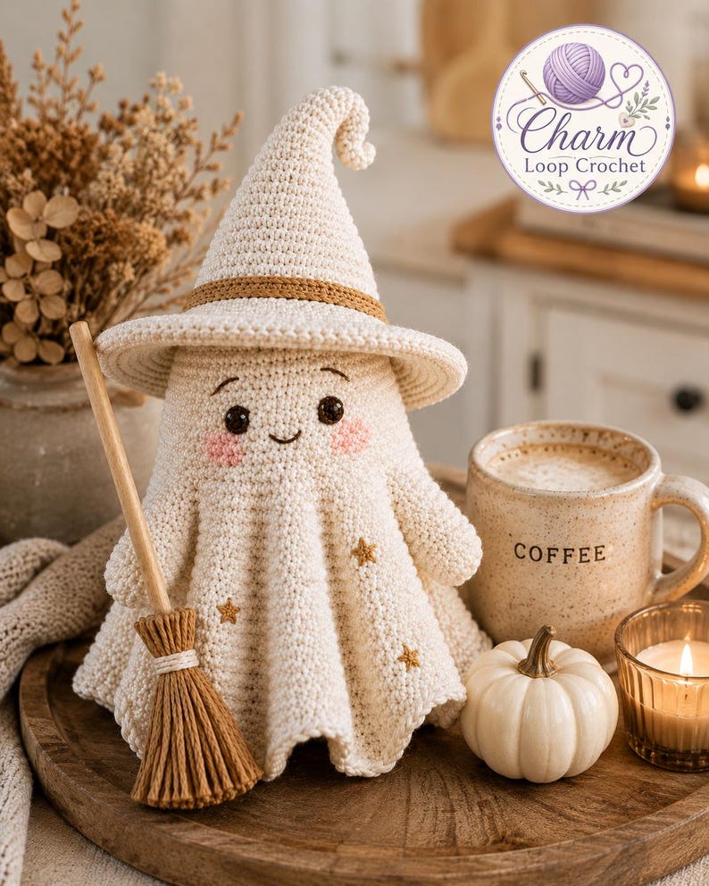 May include: A cream-colored crocheted ghost figurine wearing a pointed hat with a tan band, featuring embroidered pink cheeks, dark eyes, and small gold stars on its body. It holds a small brown broomstick next to a ceramic coffee mug and pumpkin.