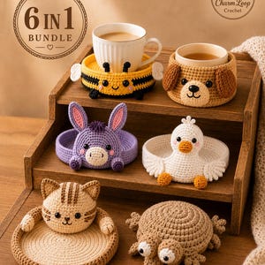 May include: A 6-in-1 bundle of crochet mug rugs featuring animal designs: a bee, a dog, a donkey, a duck, a cat, and a frog. Each circular coaster is crafted with yarn in various colors, including yellow, brown, purple, white, and tan, with embroidered facial features and small appendages.