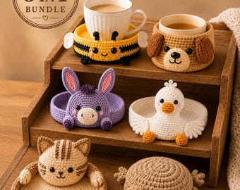 May include: A 6-in-1 bundle of crochet mug rugs featuring animal designs: a bee, a dog, a donkey, a duck, a cat, and a frog. Each circular coaster is crafted with yarn in various colors, including yellow, brown, purple, white, and tan, with embroidered facial features and small appendages.