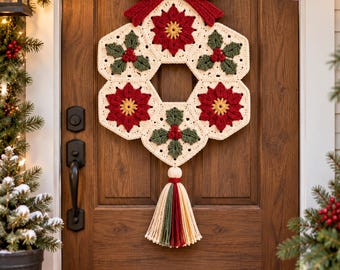May include: A crocheted holiday wreath featuring cream-colored hexagonal motifs with red poinsettia and green holly leaf patterns. The wreath is topped with a large red yarn bow and finished with a multi-colored cream, red, and green yarn tassel.