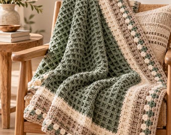 May include: A crochet blanket featuring a sage green waffle stitch center bordered by cream and beige stripes with a small floral motif. The blanket is draped over a wooden chair and includes a logo reading Charm Loop Crochet.